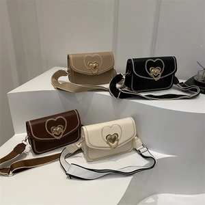 Elegant heart buckle crossbody bags in four chic colors with stylish wide straps