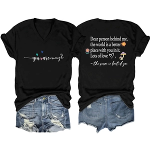 Front and back view of a black V-neck T-shirt with positive quotes and floral graphics