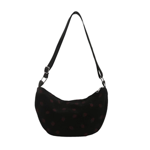 Chic black corduroy hobo bag with red strawberry embroidery and adjustable strap