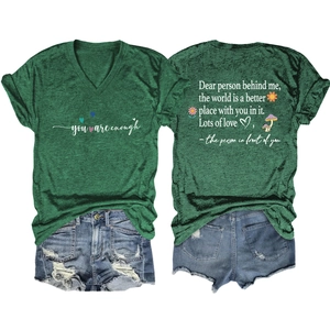 Detail of V-neck T-shirt back print with flowers and you are enough slogan text