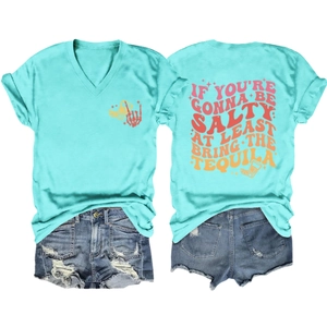 Vues détaillées de face et de dos du t-shirt turquoise pour femme avec col en V et imprimé