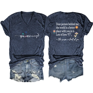 Detailed front and back view of V-neck T-shirt with inspirational quote and floral print