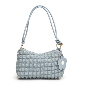Light blue bubble pleated shoulder bag with floral charm and soft textured fabric