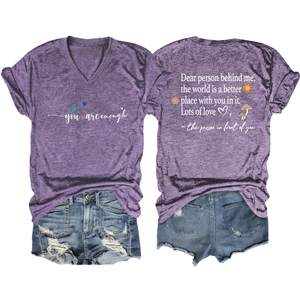 Front and back view of purple V-neck T-shirt with inspirational slogan and graphics