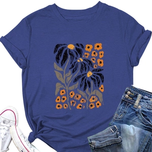 Detail of navy blue T-shirt featuring vintage floral print and trendy front knot hem