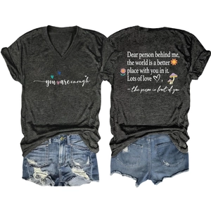 Deep grey V-neck t-shirt with you are enough print and floral back graphic