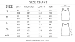 Detailed size chart for women loose fashion tank top showing S to 2XL measurements