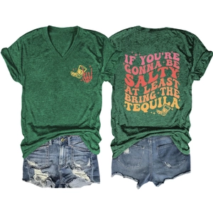 T-shirt col en V vert chiné avec logo frontal et graphique imprimé au dos