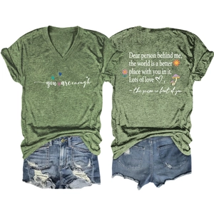 Women's green V-neck T-shirt with 'you are enough' print and blue denim shorts set