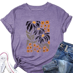 Detail of purple crewneck T-shirt featuring vintage orange flower print and knit texture