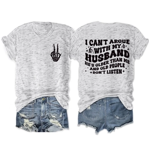 Women's grey tee and denim shorts set with humorous text and bone hand gesture
