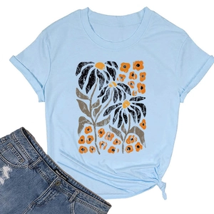 Detail of light blue knot-hem t-shirt with abstract floral print and crew neck