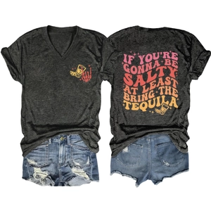 T-shirt gris foncé col en V avec impression dos tequila vintage et motif tête de mort