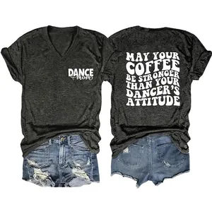 T-shirt Femme Col V Mélange Coton Manches Courtes Imprimé Lettres Slogan Été Décontracté Street Fashion Haut Dancer Mom
