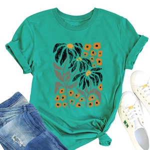 Detail of bright green t-shirt with abstract floral print and stylish side knot design