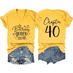 Detail of V-neck Birthday Queen T-shirt and denim shorts set with Chapter 40 back print