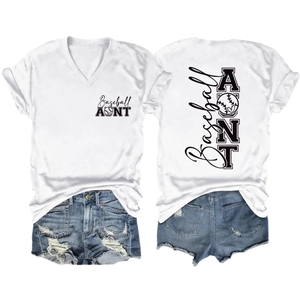 Front and back view of a white V-neck T-shirt with Baseball Aunt print and denim shorts