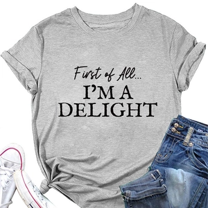 Flat lay of gray crew neck T-shirt with black printed slogan on white background