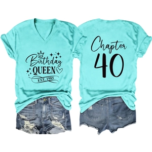 Detailed back view of light blue V-neck T-shirt with Chapter 40 birthday print