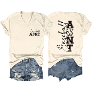Front and back view of Baseball Aunt V-neck T-shirt with distressed denim shorts set