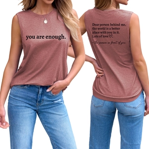 Débardeur femme rose foncé avec texte 'you are enough', vue de face et de dos détaillée