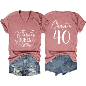 Front and back detail of Birthday Queen V-neck tee with denim shorts for 40th birthday