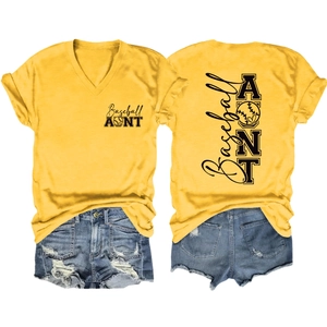 Flat lay of Baseball Aunt ginger V-neck tee and distressed denim shorts, front and back