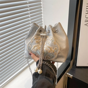 Silver satin bucket bag with Chinese embroidery and chain strap for women