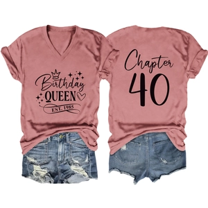 V-neck pink t-shirt with Birthday Queen print and ripped denim shorts set back view