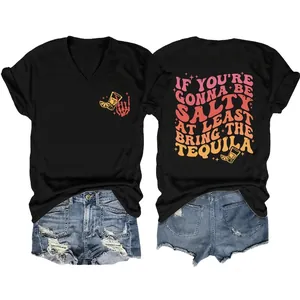 T-Shirt Femme Col En V Manches Courtes Mélange De Coton Imprimé Graphique Squelette Tequila Décontracté Rétro