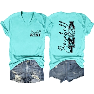 Flat lay of Baseball AUNT V-neck t-shirt in mint green and distressed denim shorts