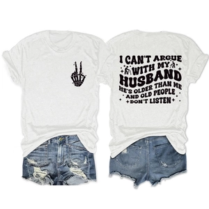 Flat lay of white T-shirt showing front gesture print and funny back quote text details