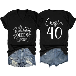 Front and back view of Birthday Queen V-neck T-shirt with Chapter 40 text and denim shorts