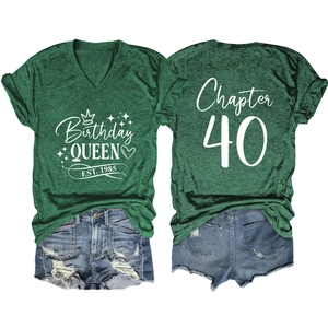Flat lay of Birthday Queen T-shirt with Chapter 40 back print and distressed denim shorts