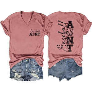 Flat lay of dusty rose V-neck Baseball Aunt tee and distressed denim shorts
