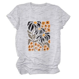Close-up detail of grey short sleeve T-shirt with abstract floral print and crew neck