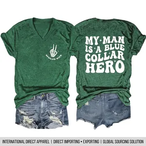 T-Shirt À Col En V Et Short En Jean Distressed Pour Femmes Imprimé Graphique Spoiled Wife Tenue D'été Décontractée