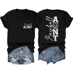 Detail of V-neck Baseball Aunt shirt with sport print paired with ripped denim shorts