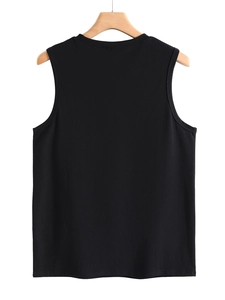 Close-up of black sleeveless tank top featuring soft knit fabric and clean crew neckline