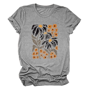 Detail of vintage sunflower print on heather grey round neck short sleeve t-shirt
