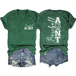 Front and back view of a heather dark green Baseball Aunt V-neck tee with denim shorts