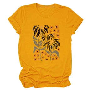 Detail of mustard yellow cotton T-shirt featuring an abstract floral print design