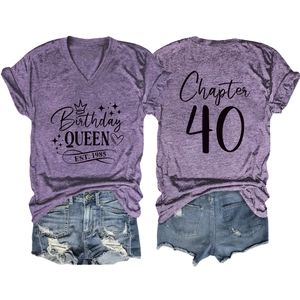 Front and back detail of a purple Birthday Queen T-shirt with Chapter 40 print