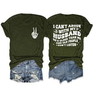 Olive green graphic T-shirt with white skeleton hand sign and humorous back slogan print