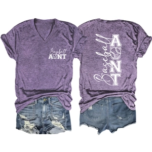 Close-up of Baseball AUNT V-neck t-shirt with sports print and distressed denim shorts