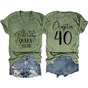 Front and back detail of Birthday Queen V-neck T-shirt with Chapter 40 back print
