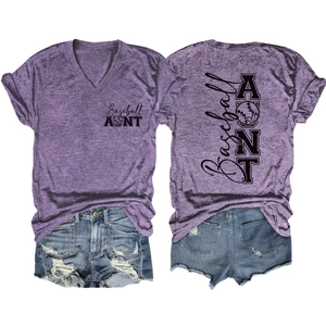 Women's V-neck Baseball Aunt purple t-shirt and ripped denim shorts set on white background