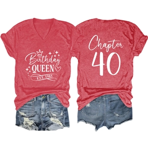 Red V-neck T-shirt with Birthday Queen print and ripped denim shorts outfit set