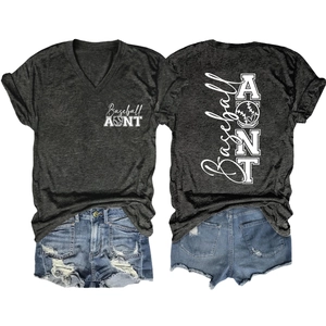 Front and back view of dark grey V-neck Baseball Aunt t-shirt with heart and ball print