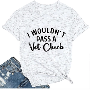 Detail of white heathered t-shirt with crew neck, slogan print and stylish front knot
